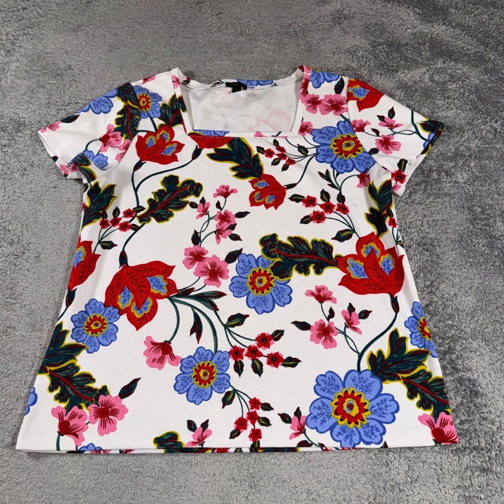 Ann Taylor Factory Womens Floral Square Neck Top XL White Multicolor Textured